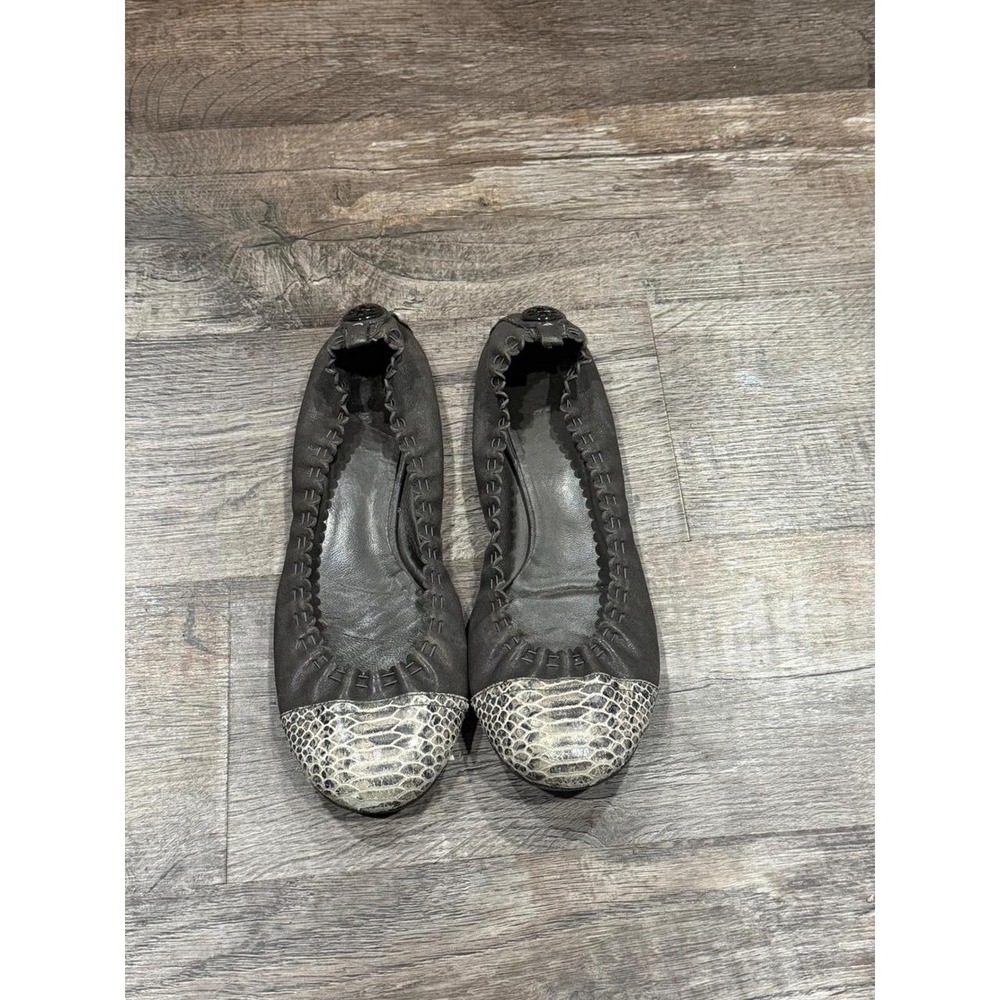 Tory Burch Reva Gray Leather Snakeskin Cap Toe Ballet Flats Logo Medallion 9.5